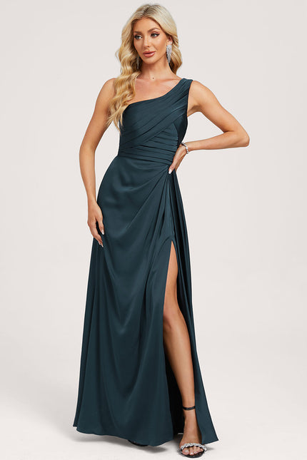 Robe de Soirée Longue Bleu Satin Décolleté Asymétrique - gallery 2