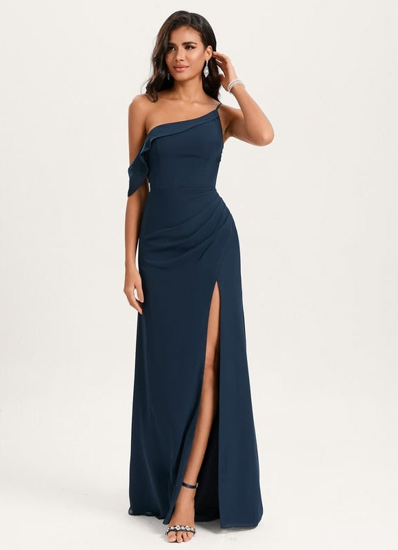 Robe de Soirée Drapé Asymétrique Marine - gallery 3