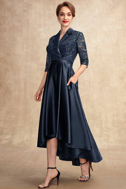 Robe de Soirée Longue Bleu Satin Dentelle Paillettes - gallery 4