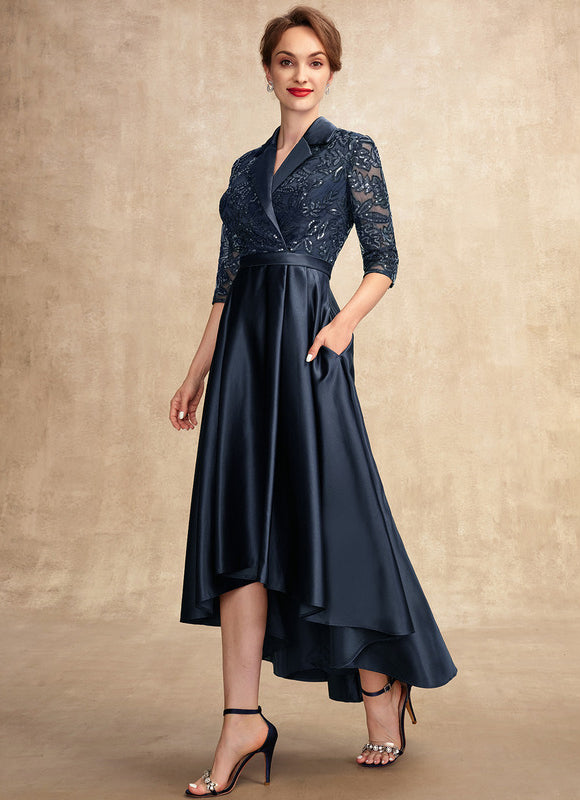 Robe de Soirée Longue Bleu Satin Dentelle Paillettes - gallery 4