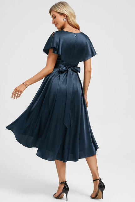 Robe de Soirée Satin Asymétrique Marine - gallery 5