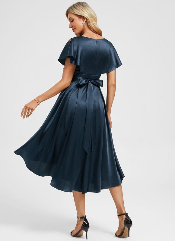 Robe de Soirée Satin Asymétrique Marine - gallery 5