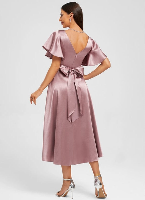 Robe de Soirée Satin Asymétrique Marine - gallery 5