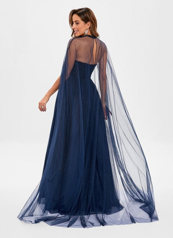 Robe de Soirée Longue Bleue Festive Collier Paillettes - gallery 2