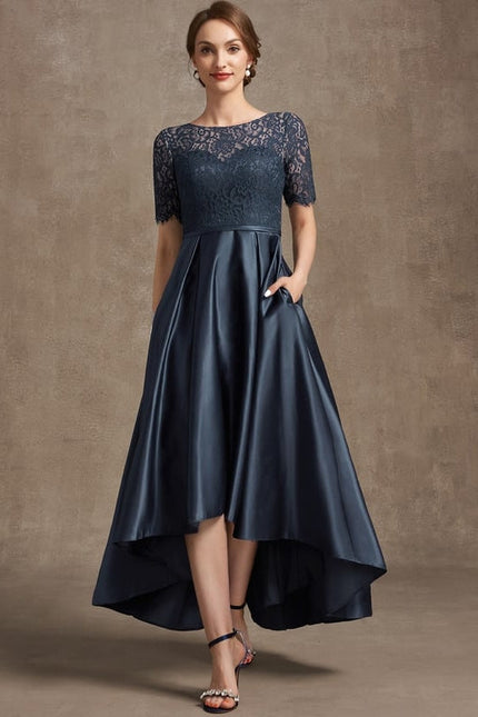 Robe de Soirée Longue Bleu Satiné Dentelle. - gallery 1