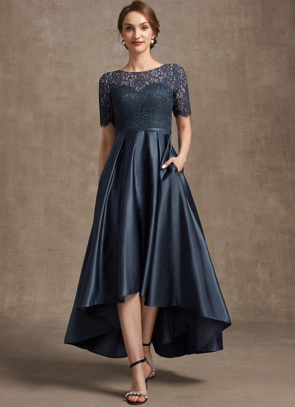Robe de Soirée Longue Bleu Satiné Dentelle. - gallery 1