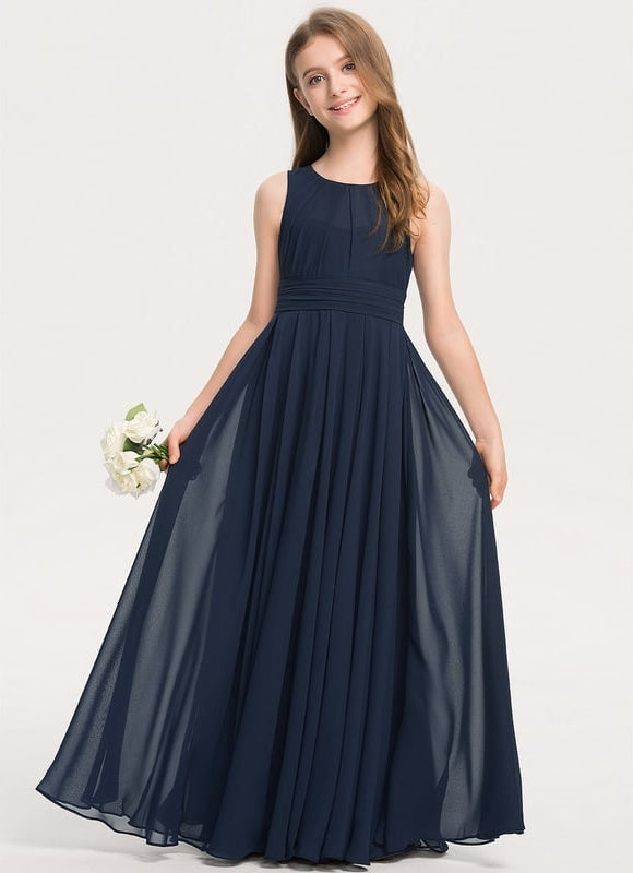 Robe de Soirée Longue Bleue En Mousseline Pour Demoiselle D'Honneur