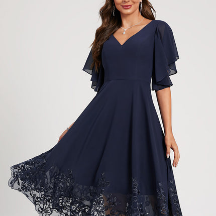 Robe de Soirée Longue Bleue En Dentelle Et Mousseline