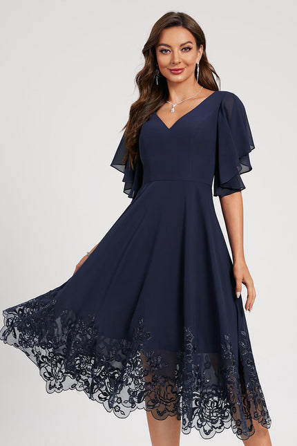 Robe de Soirée Longue Bleue En Dentelle Et Mousseline