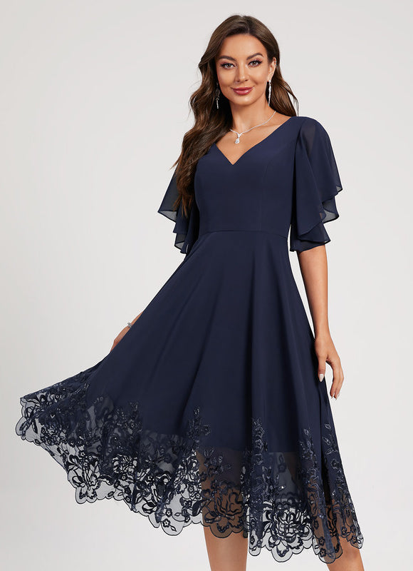 Robe de Soirée Longue Bleue En Dentelle Et Mousseline