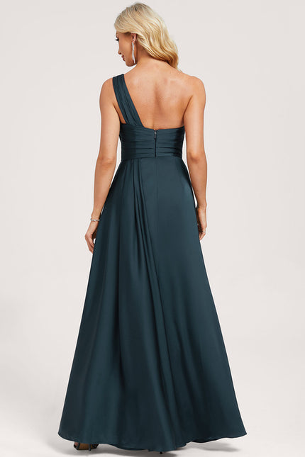 Robe de Soirée Longue Bleu Satin Décolleté Asymétrique - gallery 4