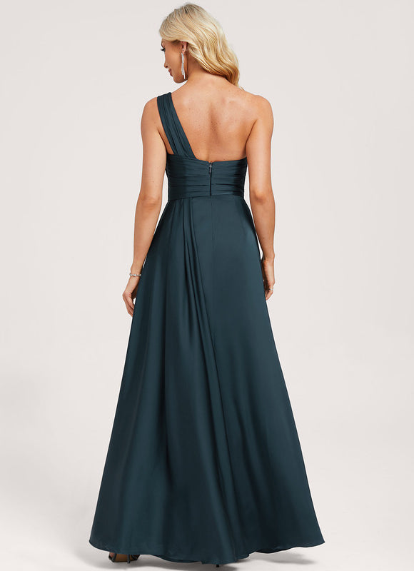 Robe de Soirée Longue Bleu Satin Décolleté Asymétrique - gallery 4