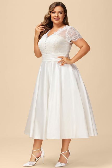 Robe de Soirée Longue Blanche En Satin Et Dentelle - gallery 9