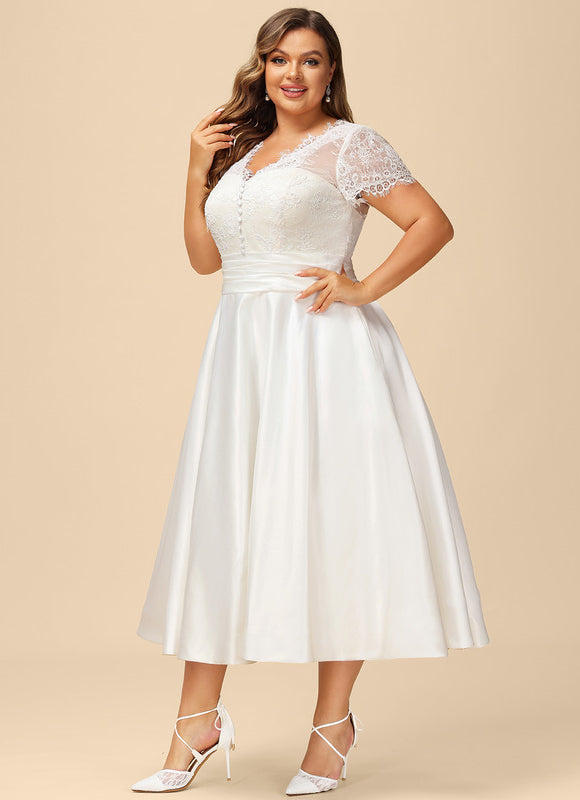 Robe de Soirée Longue Blanche En Satin Et Dentelle - gallery 9