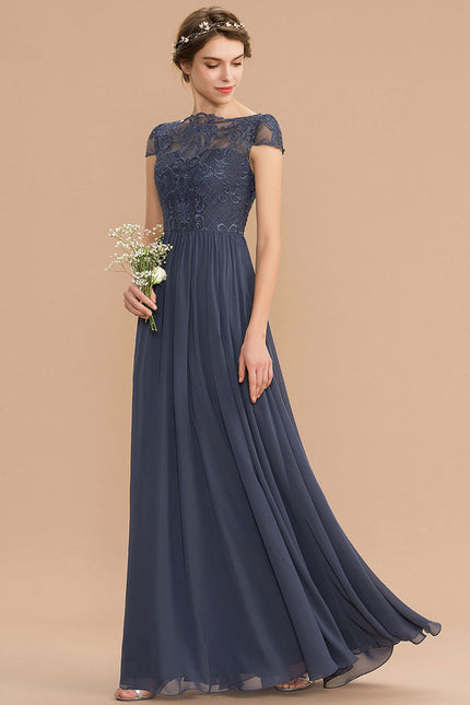Robe de Soirée Longue Bleu Marine Dentelle Mousseline - gallery 7