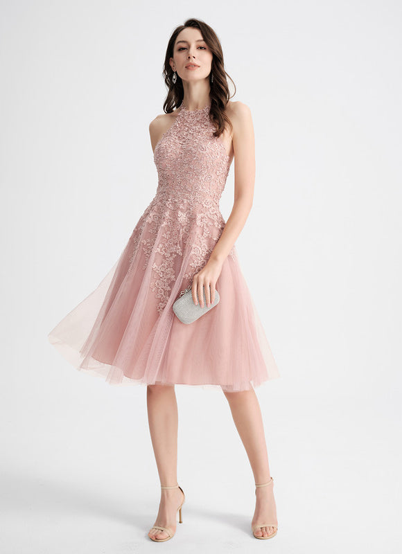 Robe de Soirée Longue Rose Dentelle Tulle Bal De Promo - gallery 3