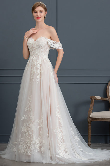 Robe de Soirée Longue Blanche Princesse Tulle Dentelle Mariée - gallery 3