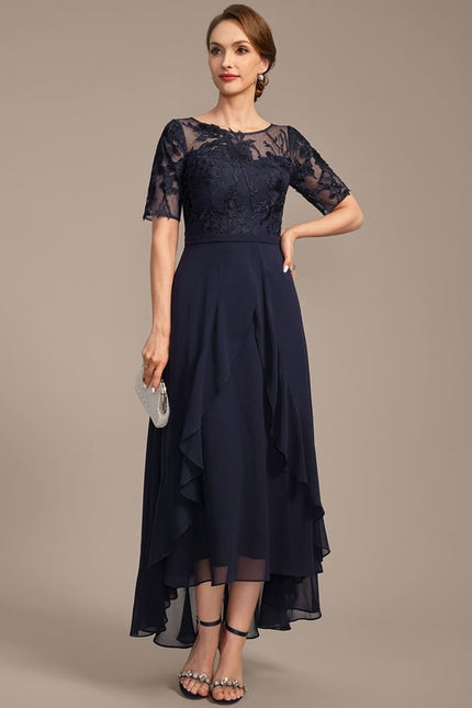 Robe de Soirée Longue Bleu Marine En Dentelle Et Mousseline - gallery 2