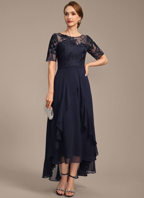 Robe de Soirée Longue Bleu Marine En Dentelle Et Mousseline - gallery 2