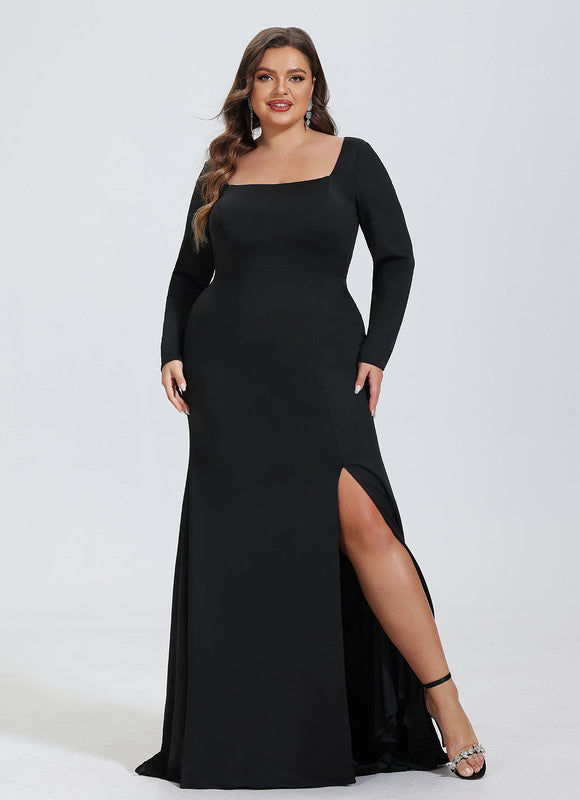 Robe Longue Noire Jersey Soirée Avec Traîne - gallery 5