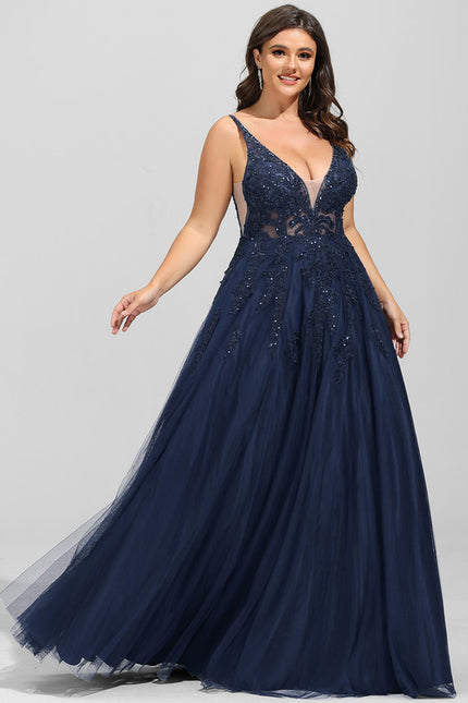 Robe de Soirée Longue Bleue Dentelle Et Paillettes - gallery 6