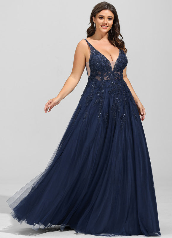 Robe de Soirée Longue Bleue Dentelle Et Paillettes - gallery 6