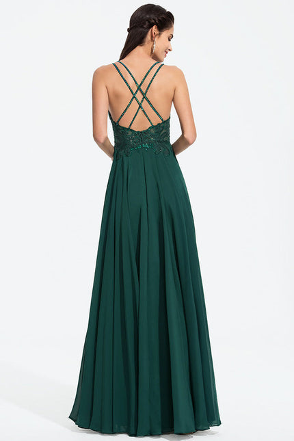Robe Longue Vert Mousseuline Élégante Soirée - gallery 7