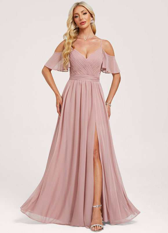 Robe de Soirée Longue Rose Décolleté Épaules Volants