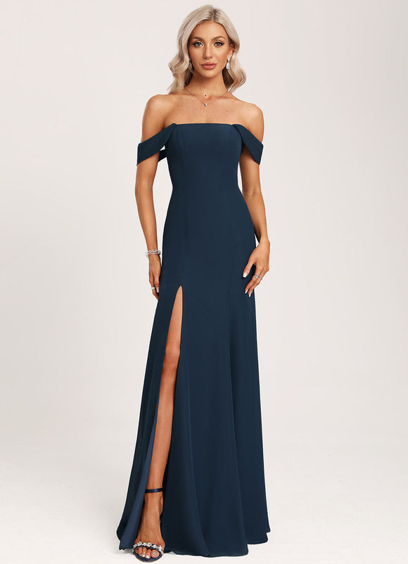 Robe de Soirée Longue Bleue Sirène Épaules Dénudées - gallery 1