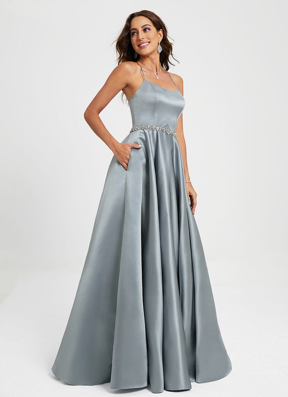 Robe de Soirée Longue Bleu Satin Strass Bal - gallery 3