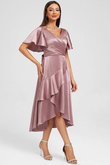 Robe de Soirée Satin Asymétrique Marine - gallery 1