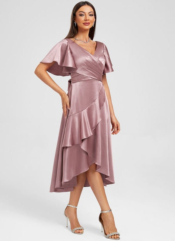 Robe de Soirée Satin Asymétrique Marine - gallery 1