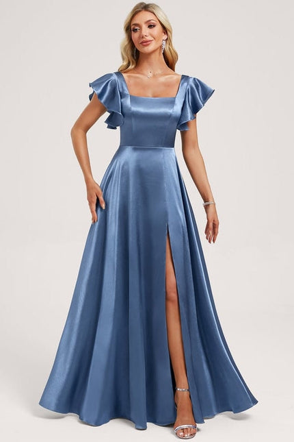 Robe de Soirée Satin Bleu Élégant