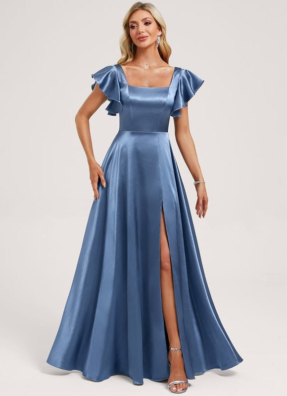 Robe de Soirée Satin Bleu Élégant