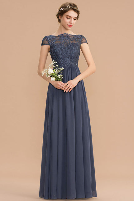 Robe de Soirée Longue Bleu Marine Dentelle Mousseline - gallery 4