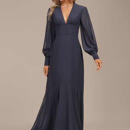 Robe de Soirée Longue Bleue En Mousseline Asymétrique