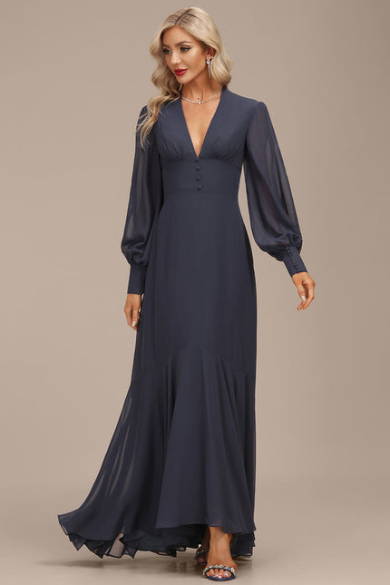 Robe de Soirée Longue Bleue En Mousseline Asymétrique