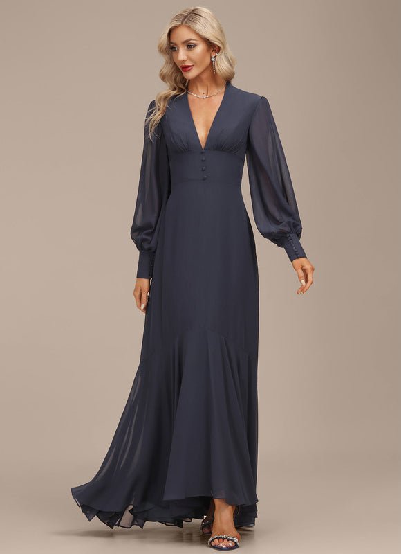 Robe de Soirée Longue Bleue En Mousseline Asymétrique