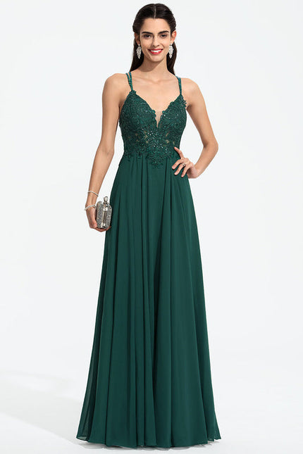Robe Longue Vert Mousseuline Élégante Soirée - gallery 4