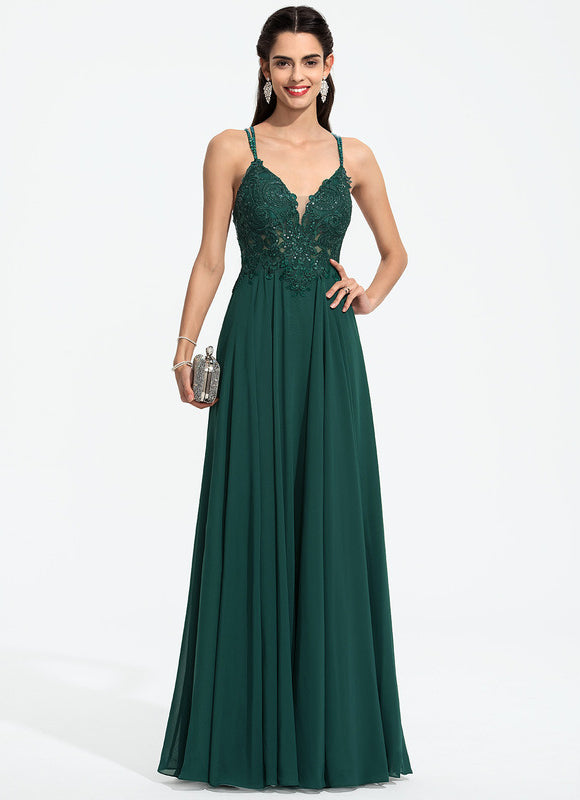 Robe Longue Vert Mousseuline Élégante Soirée - gallery 4