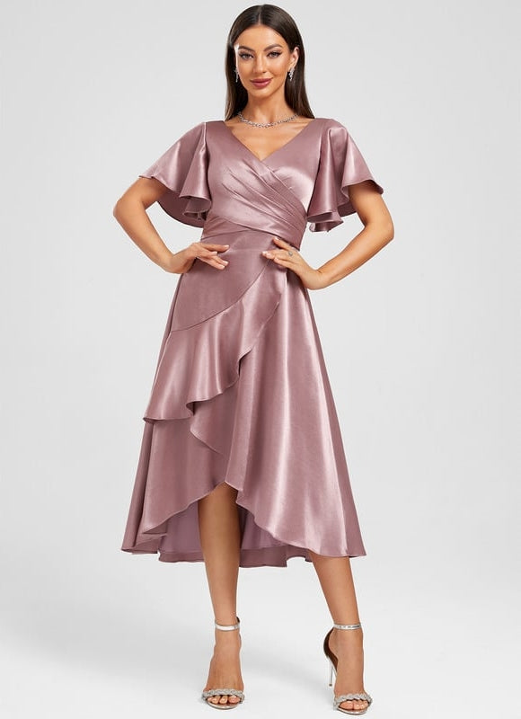 Robe de Soirée Satin Asymétrique Marine - gallery 4