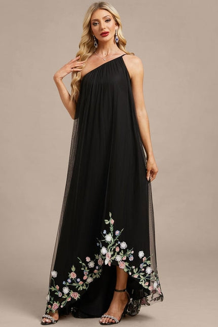 Robe de Soirée Noire Florale Asymétrique