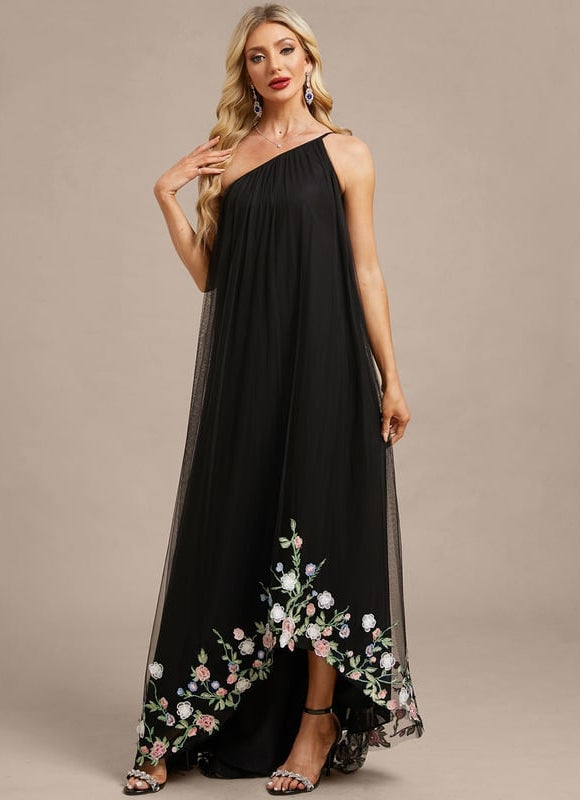 Robe de Soirée Noire Florale Asymétrique