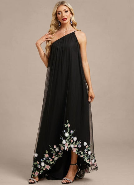 Robe de Soirée Noire Florale Asymétrique