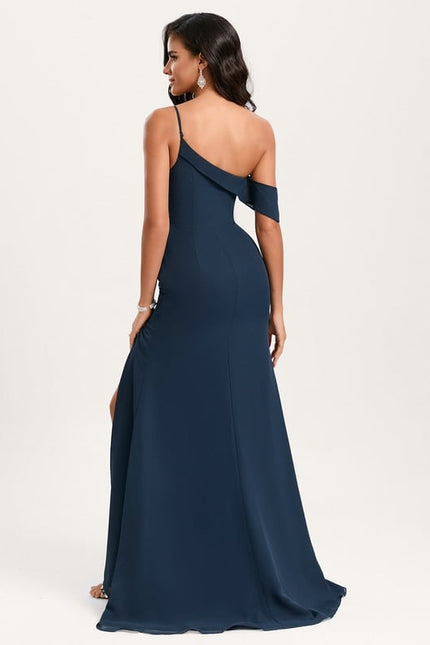 Robe de Soirée Drapé Asymétrique Marine - gallery 1