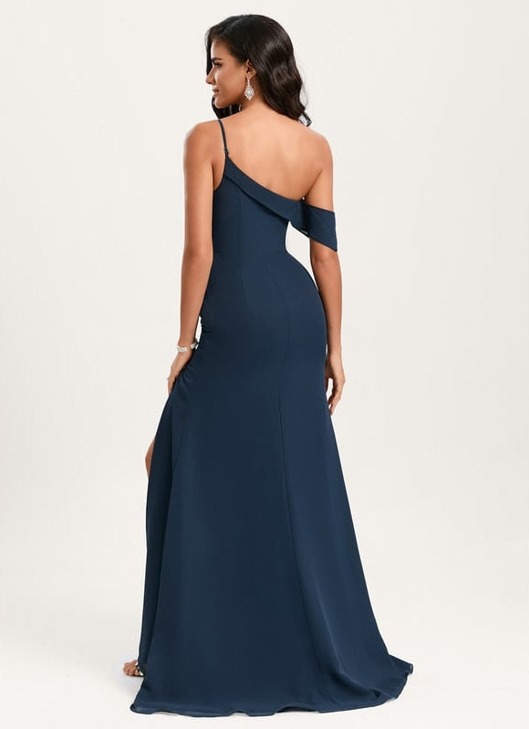 Robe de Soirée Drapé Asymétrique Marine - gallery 1