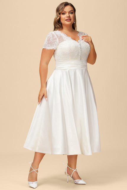 Robe de Soirée Longue Blanche En Satin Et Dentelle - gallery 7