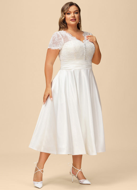 Robe de Soirée Longue Blanche En Satin Et Dentelle - gallery 7