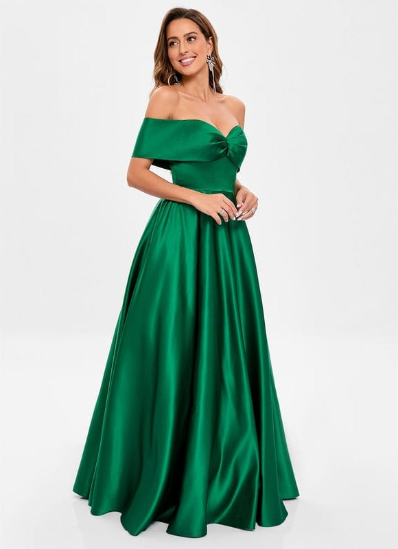Robe de Soirée Longue Verte Satin Princesse Épaule Dénudée - gallery 4