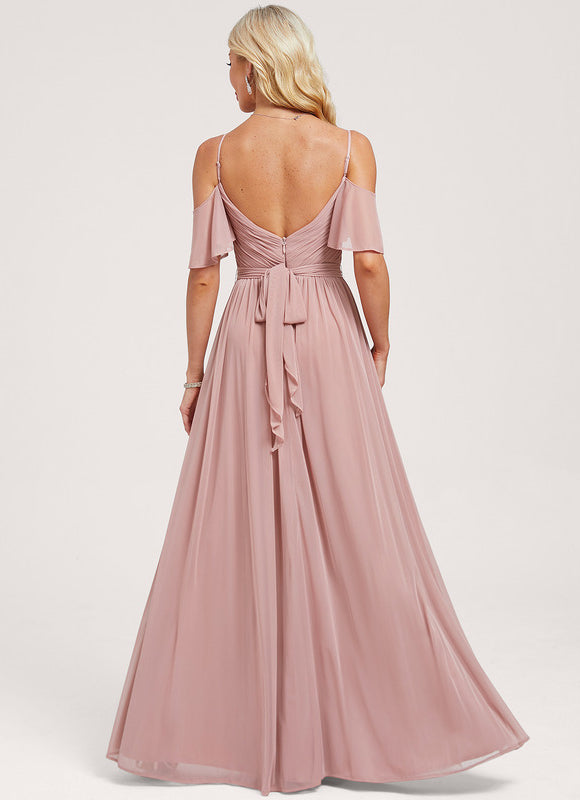 Robe de Soirée Longue Rose Décolleté Épaules Volants - gallery 4